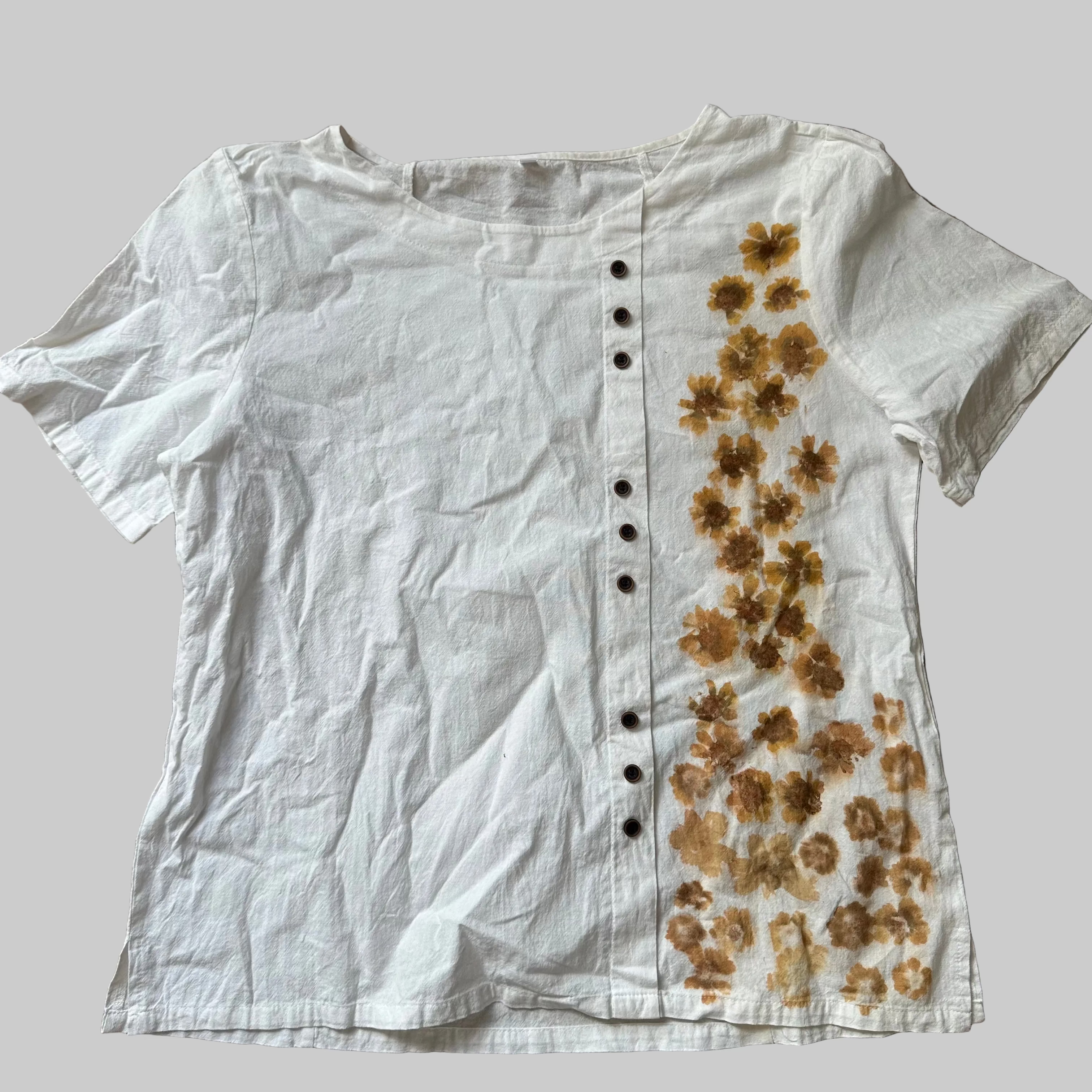 Flower Pounded Fresh Flower Print With Coreopsis Short Sleeved Asymmetrical Buttons