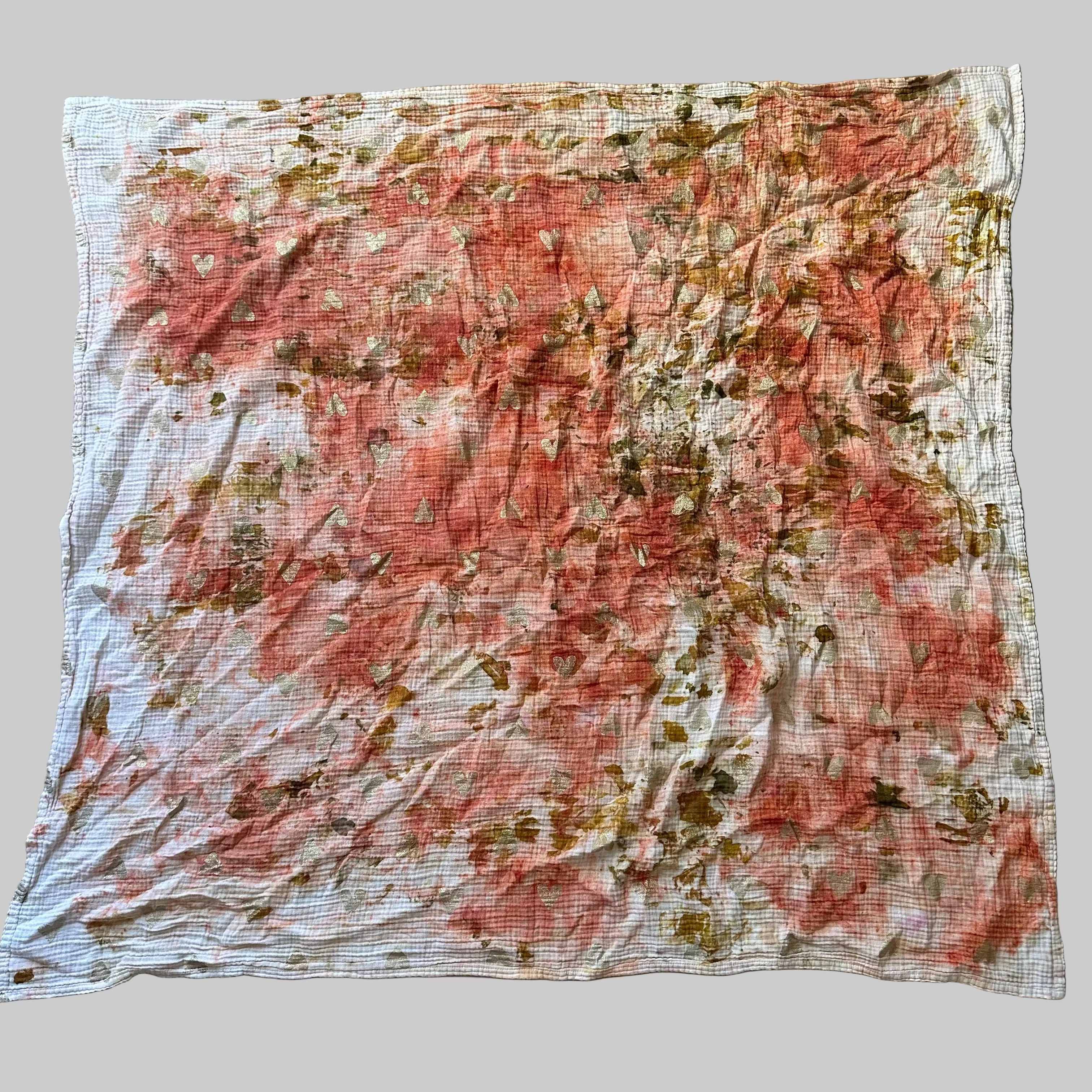 Muslin Baby Blanket or Over Sized Scarf with Gold Hearts (Madder Root and Onion Skins)