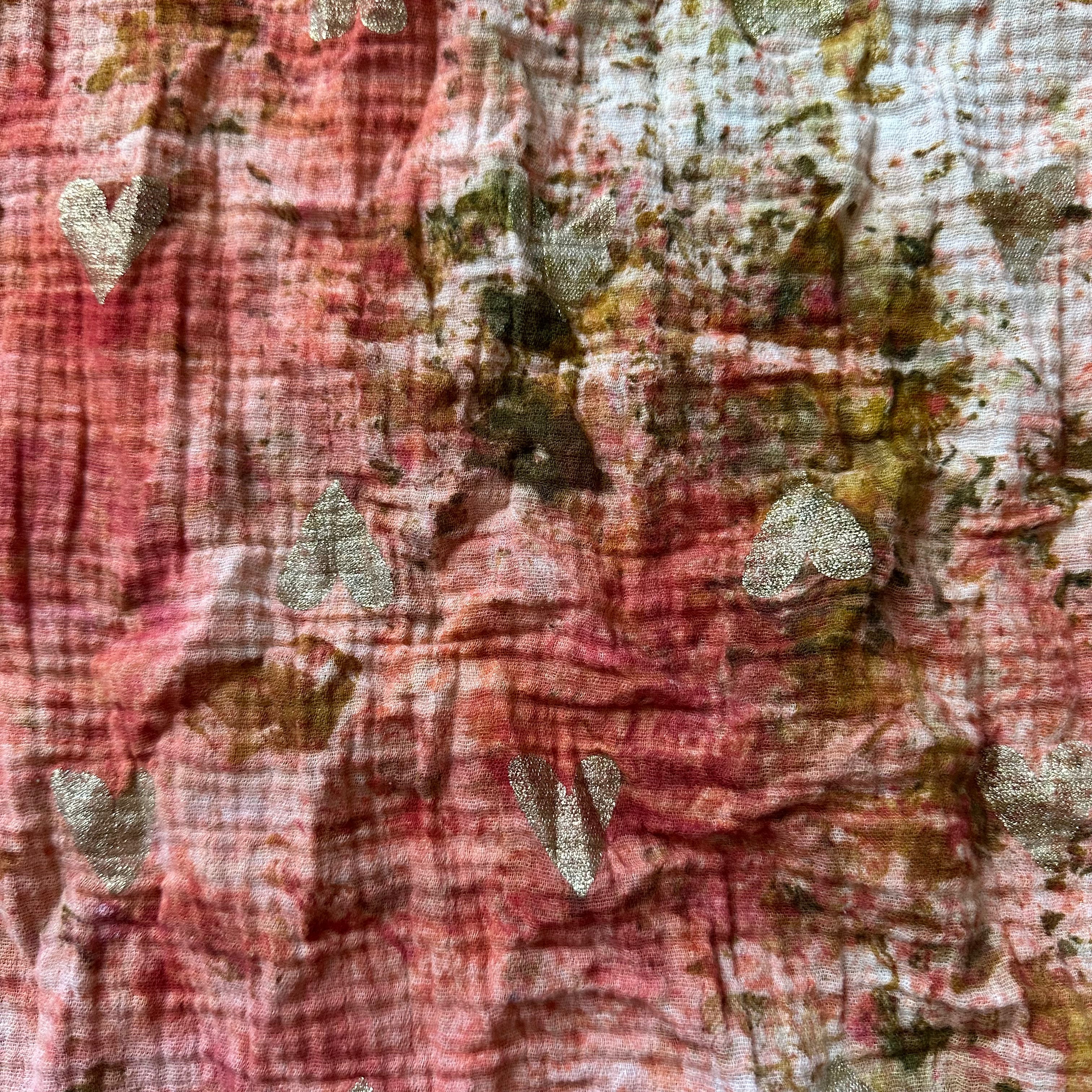 Muslin Baby Blanket or Over Sized Scarf with Gold Hearts (Madder Root and Onion Skins)
