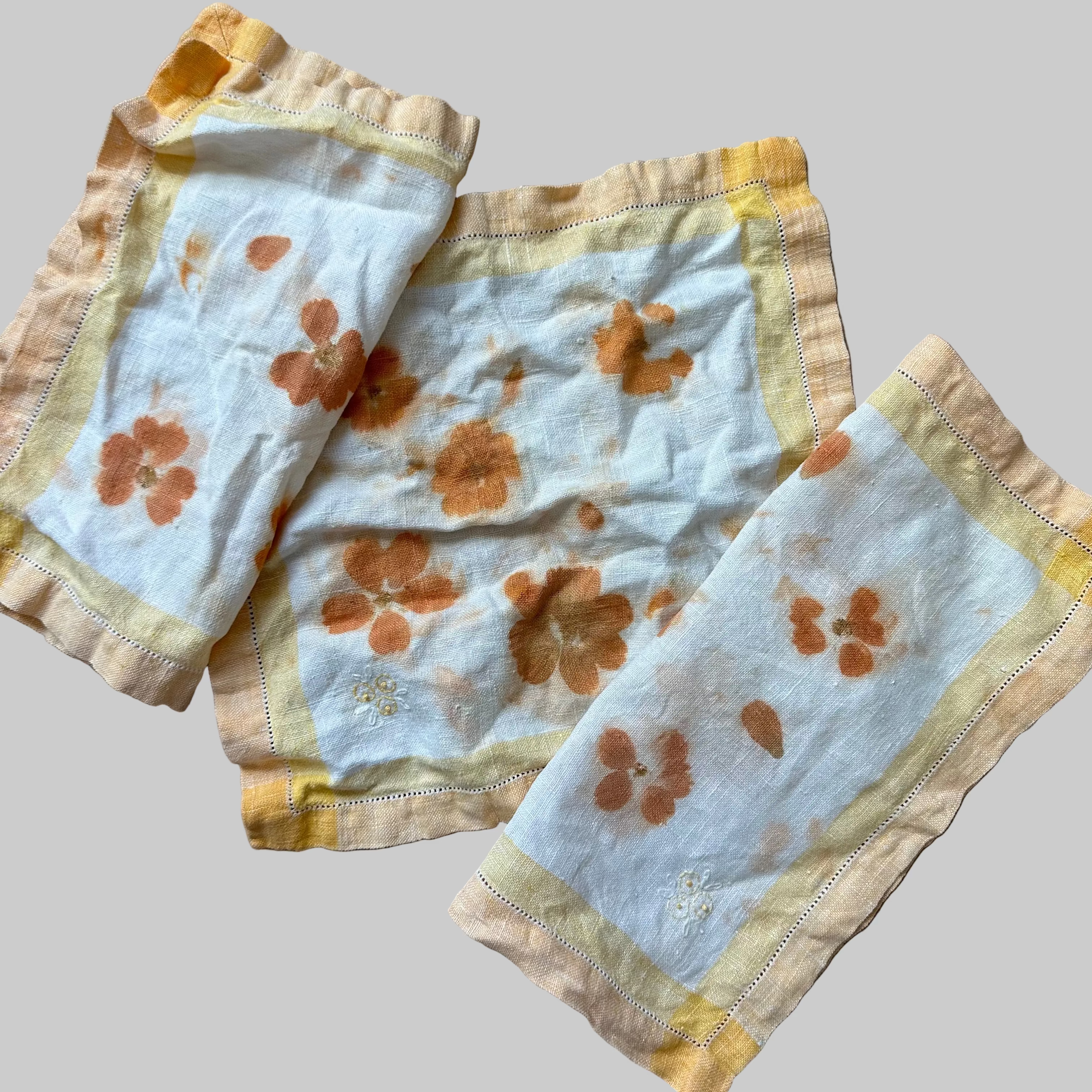 Eco Printed Flower Pounded  Unique One of a Kind  Upcycled Vintage Embroidered Napkins Orange and Yellow, Set of 3, 10 in x10 in