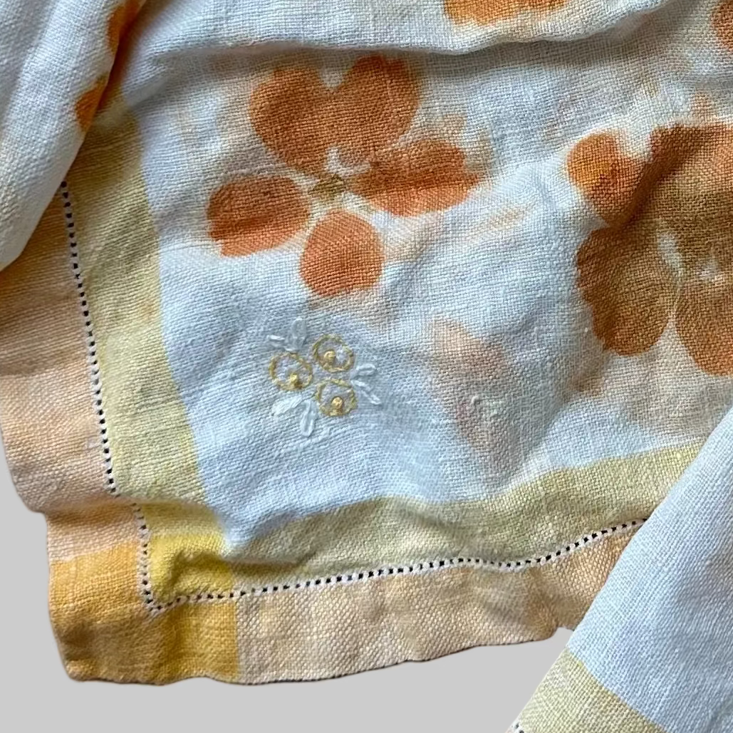 Eco Printed Flower Pounded  Unique One of a Kind  Upcycled Vintage Embroidered Napkins Orange and Yellow, Set of 3, 10 in x10 in