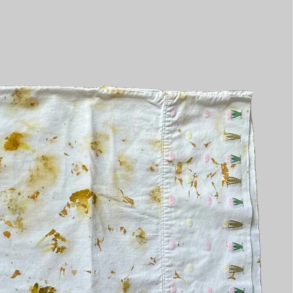 Eco Printed Queen Cotton Pillowcase with Floral Embroidered Edge | 19 in x 28 in