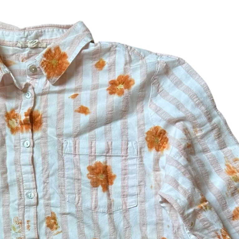 Long Sleeved Button Up Pink Striped Shirt Dyed With Orange Cosmos